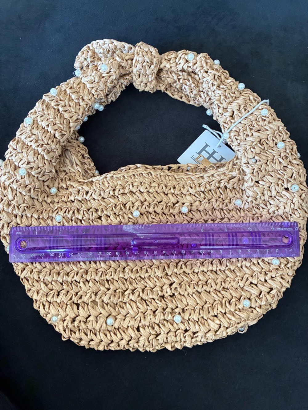 🌹Haute Hippie Tan Woven Pearl-Embellished Straw handbag Hobo - Picture 8 of 8